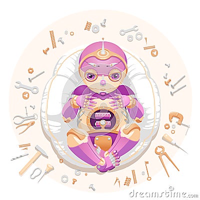 Baby robot lying on a pillow Vector Illustration